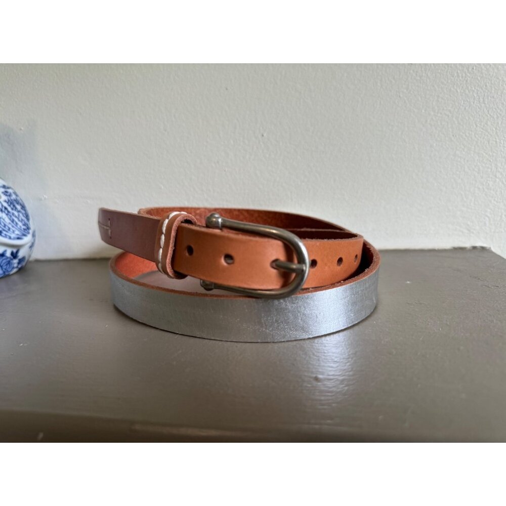 Sperry Leather Belt Silver Metallic & Brown Thin Womens Medium Preppy Twee - Picture 3 of 9